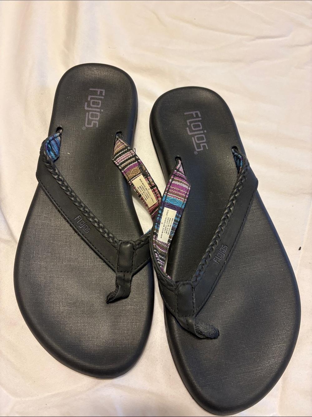 Flojos Black Sandal Flip Flops with Multicolor Patterned Toe Strap